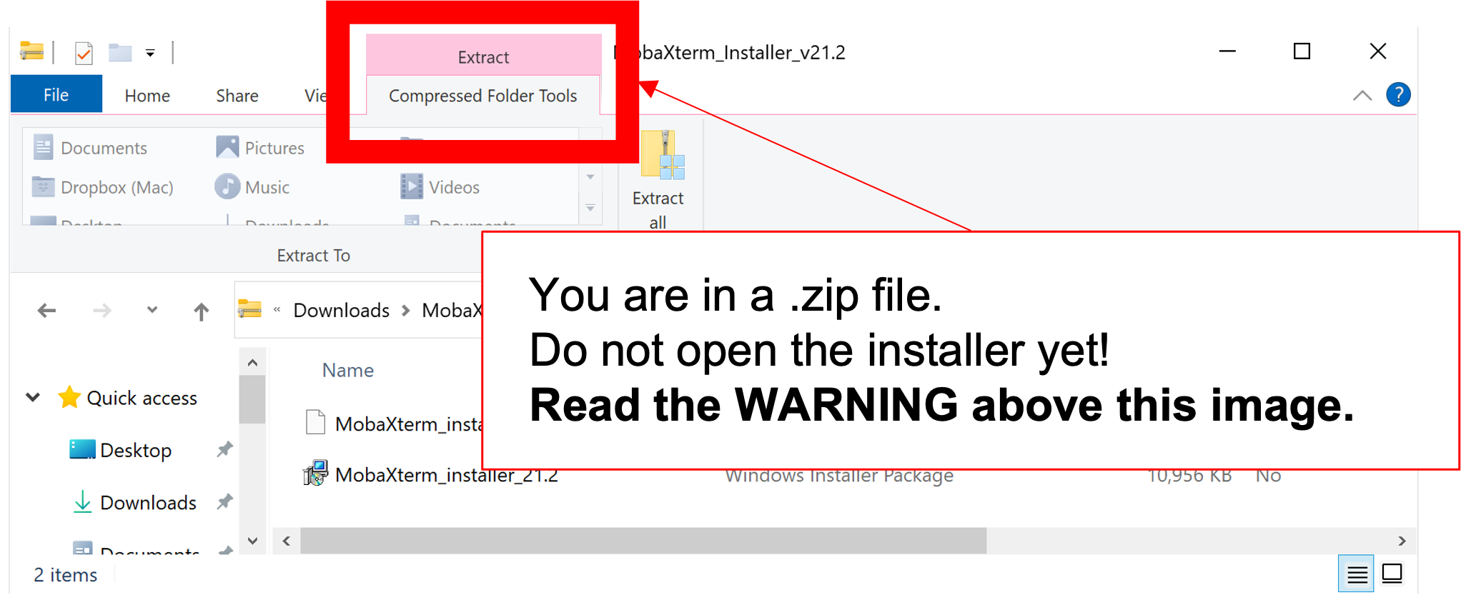 Clicking the extract button within the zip utility