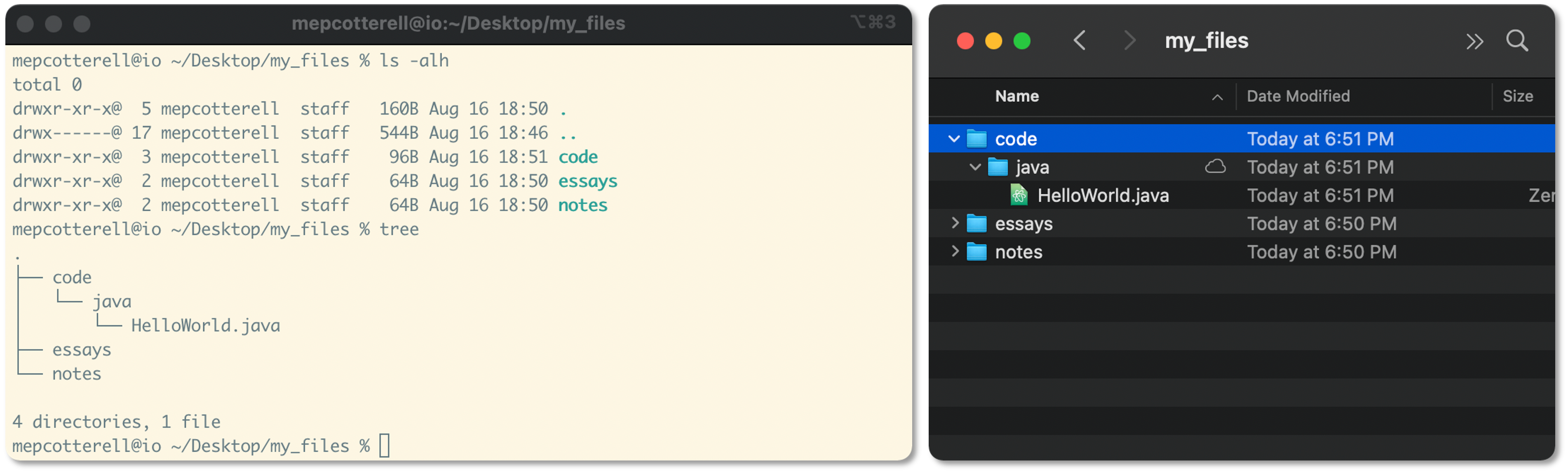 Terminal output on the left corresponding to the visual interface on the right.