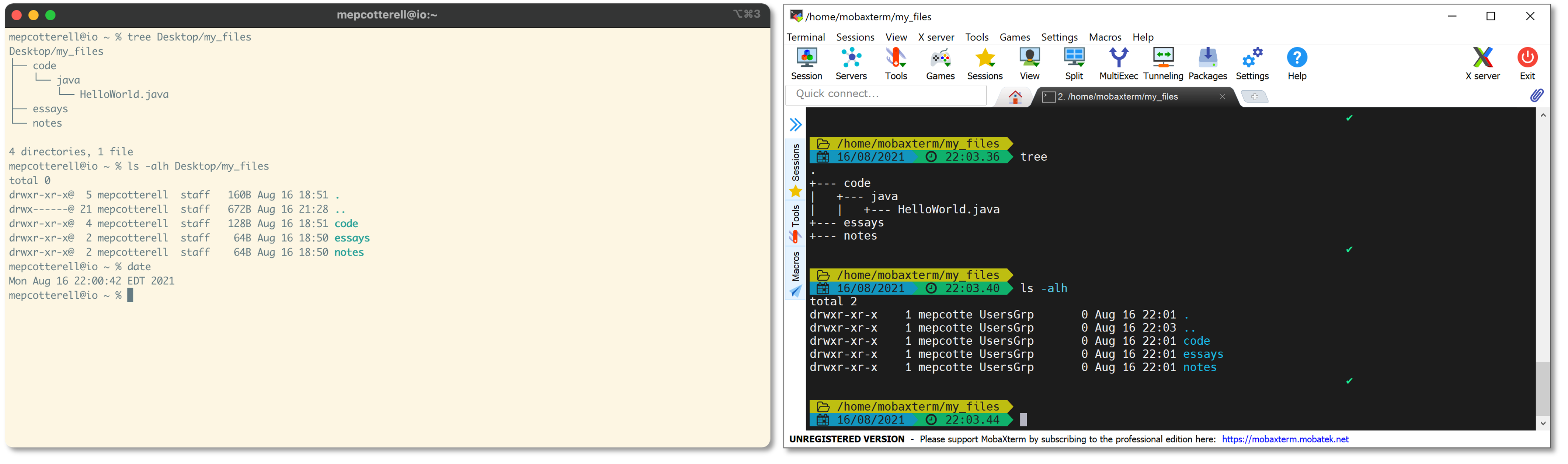 iTerm 2 on macOS Big Sur (left) and MobaXterm 21.2 on Windows 10 (right)