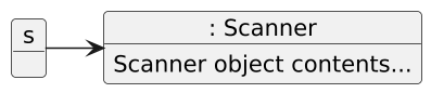 scale 1.5

object ": Scanner" as Scanner0 {
    Scanner object contents...
}

object s

s -right-> Scanner0