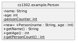 hide circle
skinparam classAttributeIconSize 0
set namespaceSeparator none

class cs1302.example.Person {
  -name: String
  -age: int
  {static} -personCounter: int
  <<new>> +Person(name : String, age : int)
  +getName() : String
  +getAge() : int
  {static} +getPersonCount() : int
}