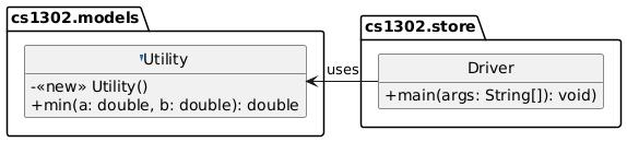 hide circle
set namespaceSeparator none
skinparam classAttributeIconSize 0

package cs1302.models {

   ~class Utility {
        -<<new>> Utility()
        +min(a: double, b: double): double
   }

   hide Utility fields
}

package cs1302.store {
   class Driver {
      +main(args: String[]): void)
   }

   hide Driver fields
}

Driver -left-> Utility: uses