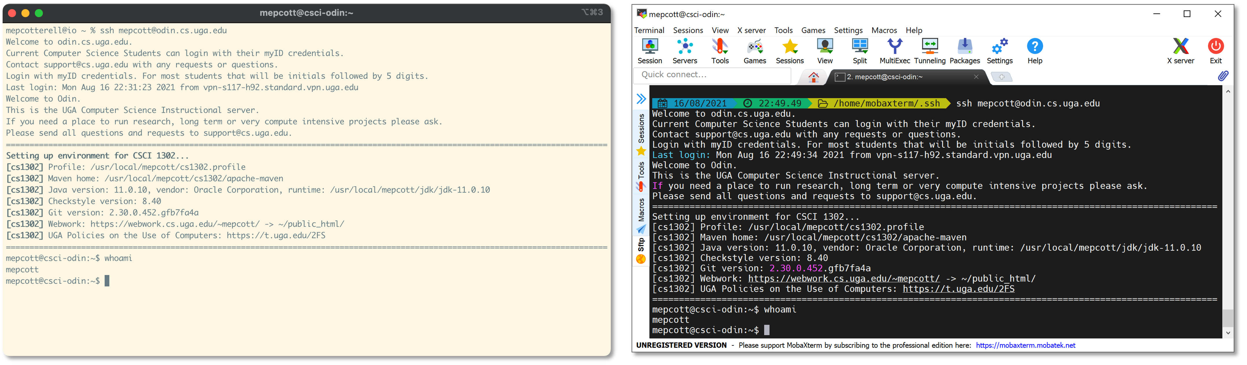 iTerm 2 on macOS Big Sur (left) and MobaXterm 21.2 on Windows 10 (right) both connected to a third, remote machine.